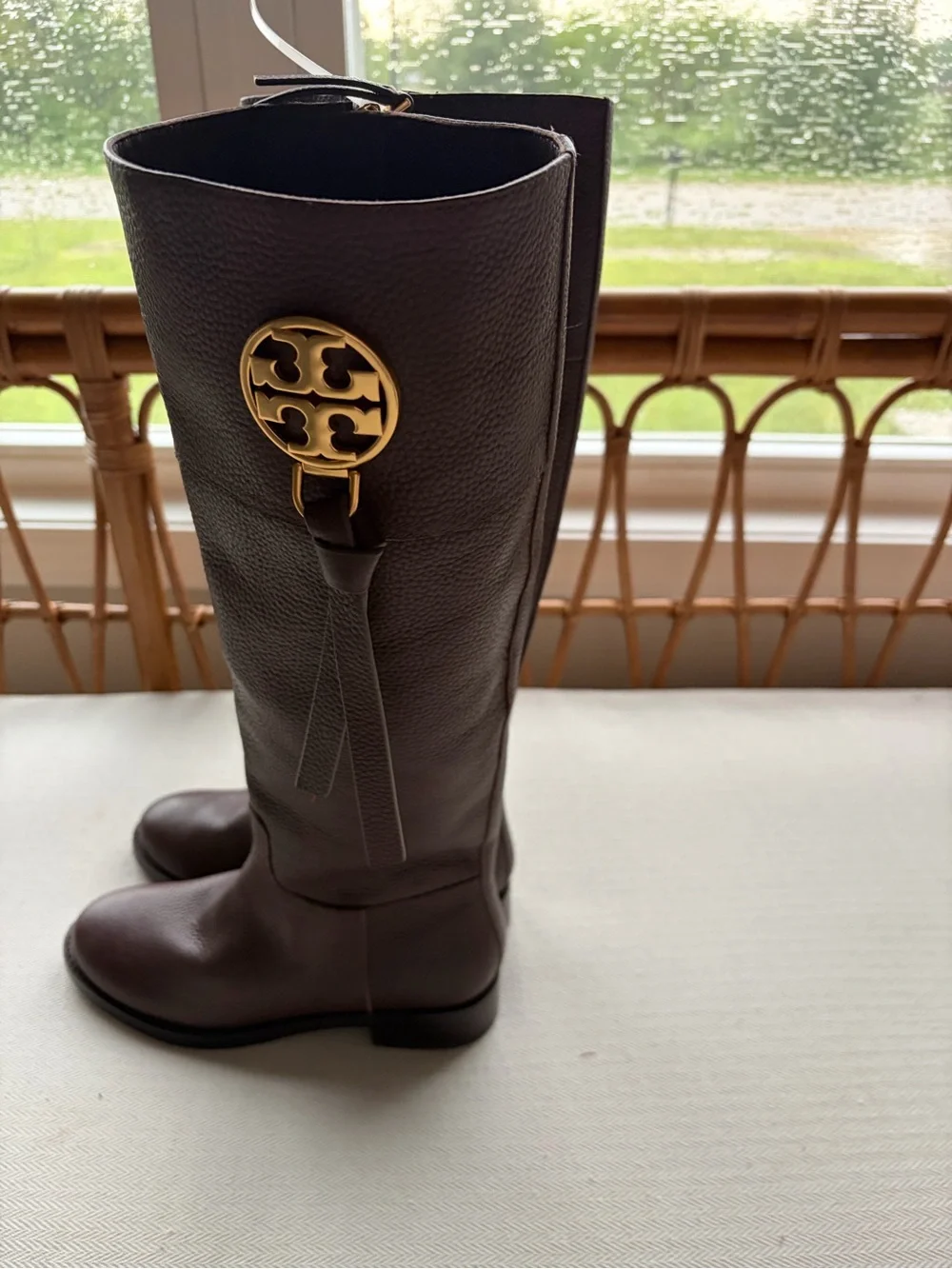 Tory Burch Pebbled Dark Brown Leather Tall Boots with Gold Hardware